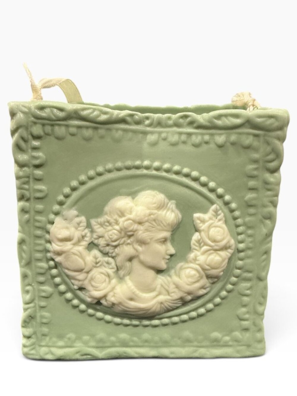 Vintage Green Cameo Lady Rose Ceramic Trinket Basket Vase Applied Floral Decor